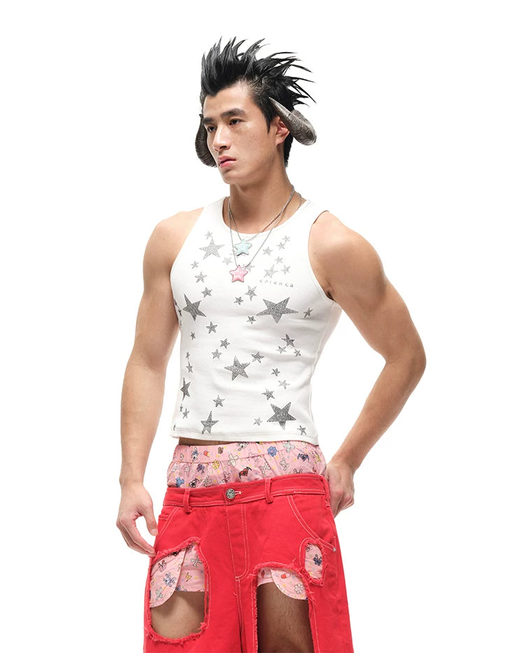 CFIERCE Monochrome Rhinestone Star Ribbed Tank Top - view 5