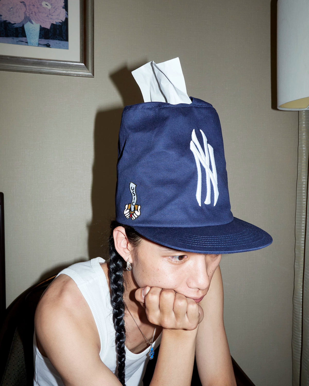 USIC Tissue-Box Embroidered Flat-Brim Cap - model seated with top opening