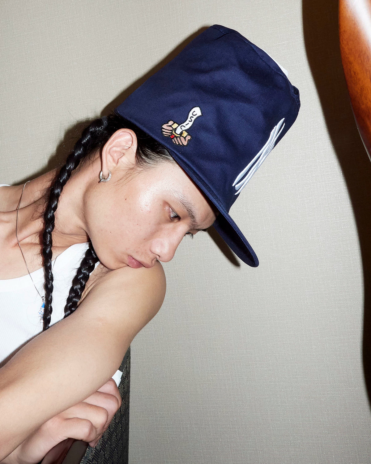 USIC Tissue-Box Embroidered Flat-Brim Cap - side embroidery on model