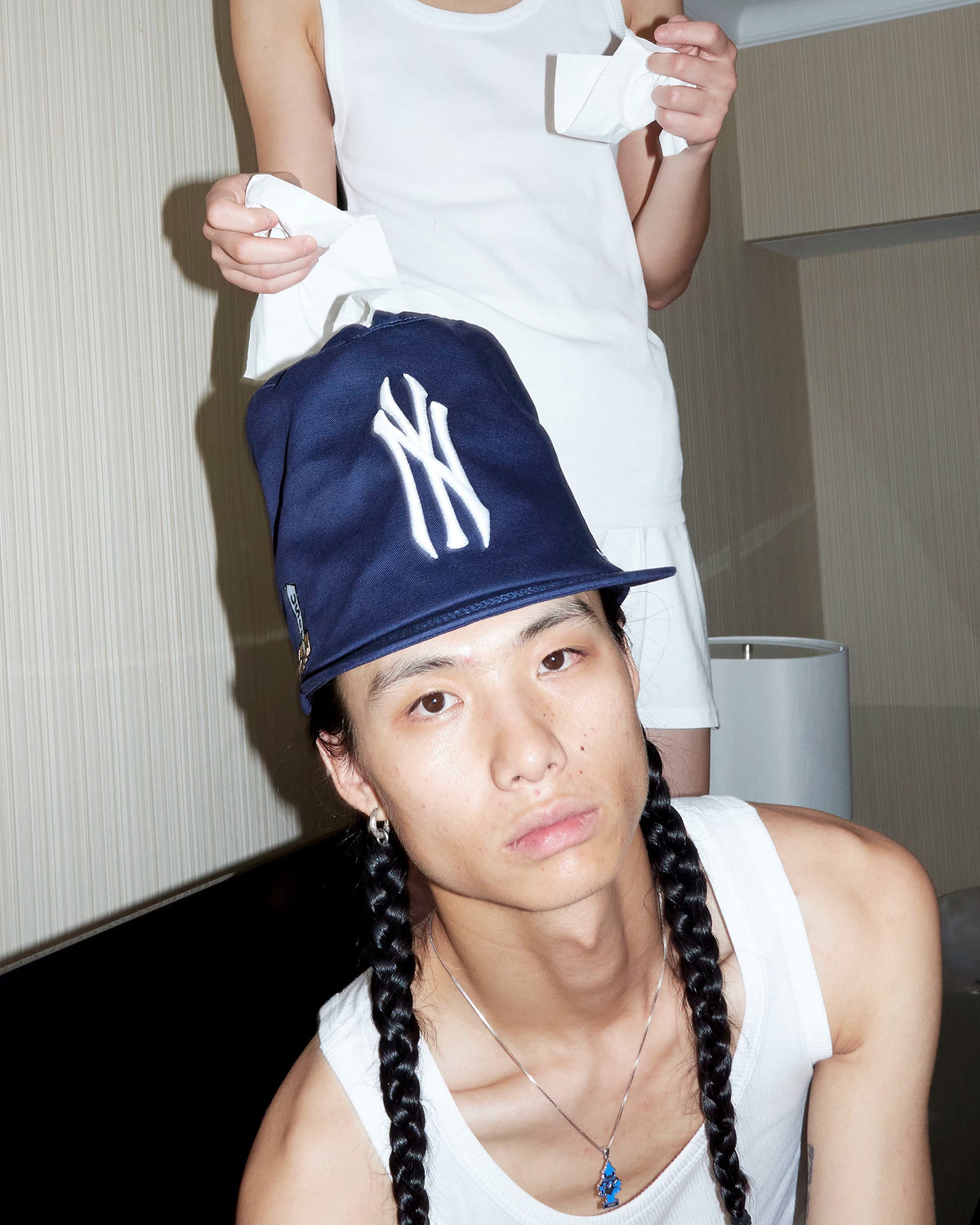 USIC Tissue-Box Embroidered Flat-Brim Cap - front embroidery on model