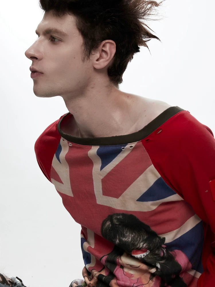 Union Jack DJ Girl Print Raglan Long Sleeve Tee - Red neckline close-up