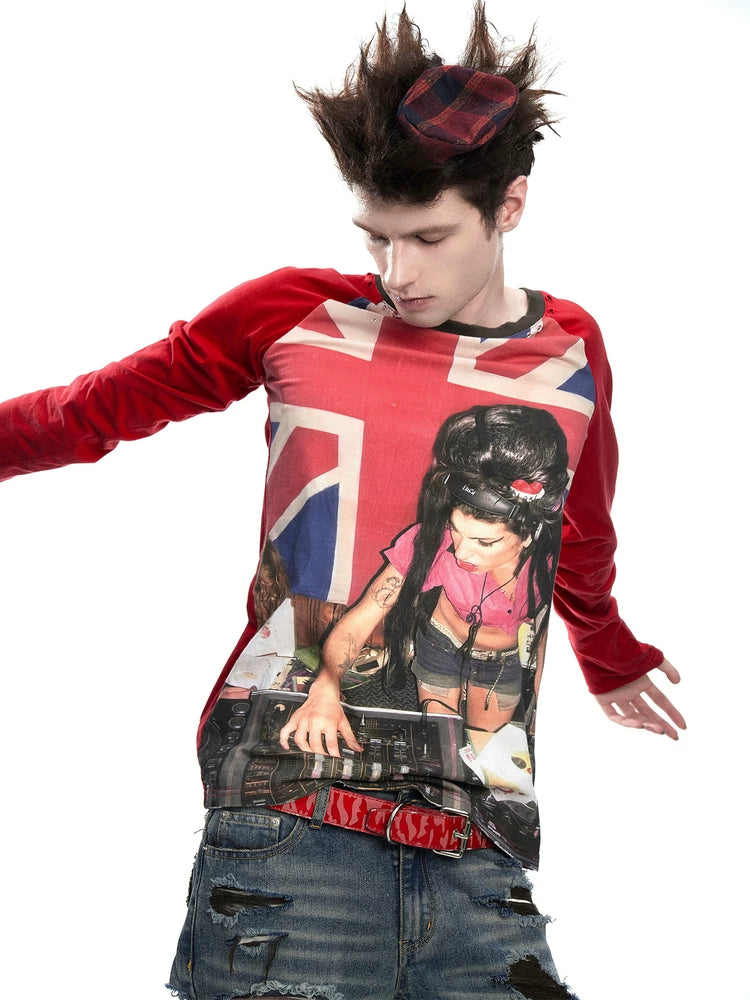 Union Jack DJ Girl Print Raglan Long Sleeve Tee - Red front print
