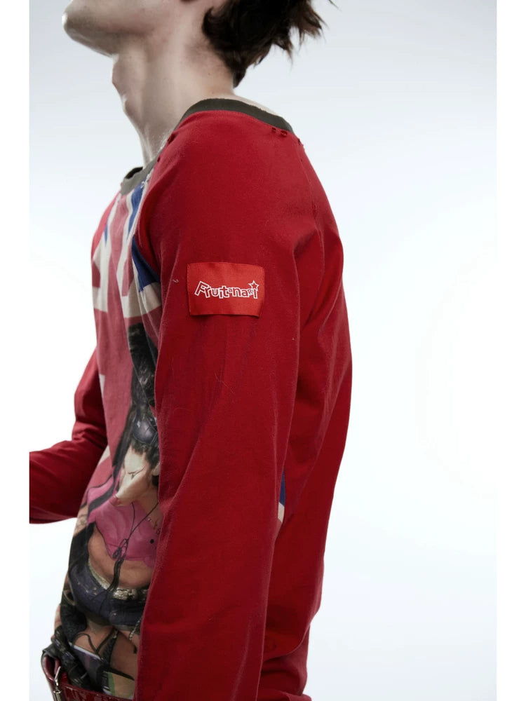 Union Jack DJ Girl Print Raglan Long Sleeve Tee - Red sleeve patch detail