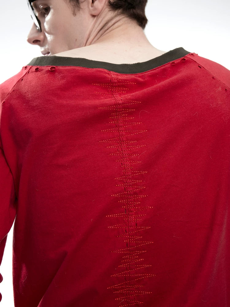 Union Jack DJ Girl Print Raglan Long Sleeve Tee - Red back zigzag stitching