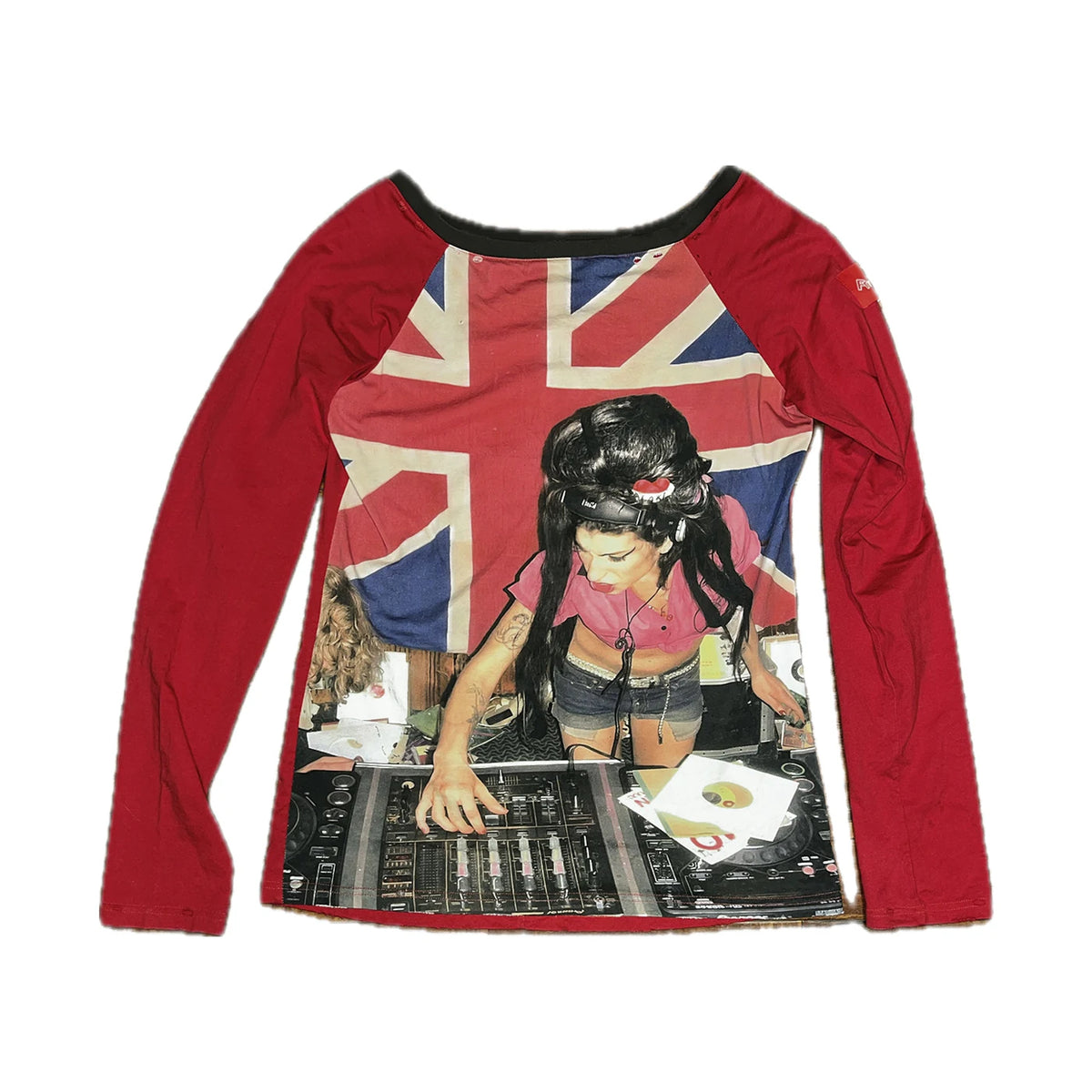 Union Jack DJ Girl Print Raglan Long Sleeve Tee - Red flat lay