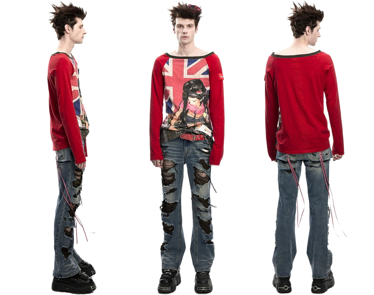 Union Jack DJ Girl Print Raglan Long Sleeve Tee - Red side, front and back views
