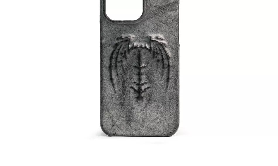 Gray-black case front with embossed bat wings