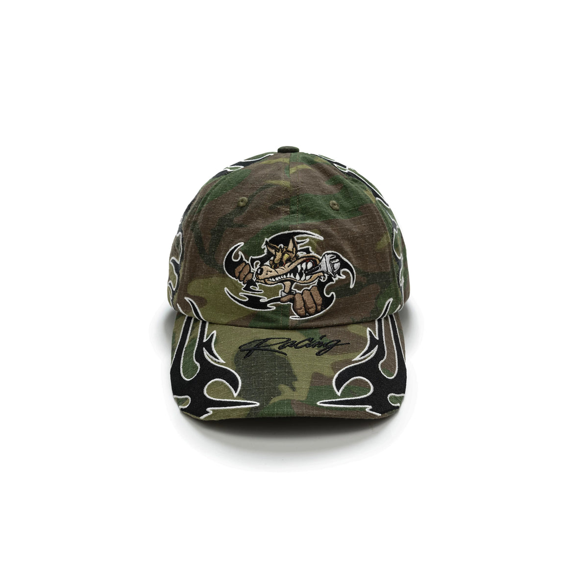 ESOTERIC THING Mechanic Flame Embroidered Baseball Cap - Camo front