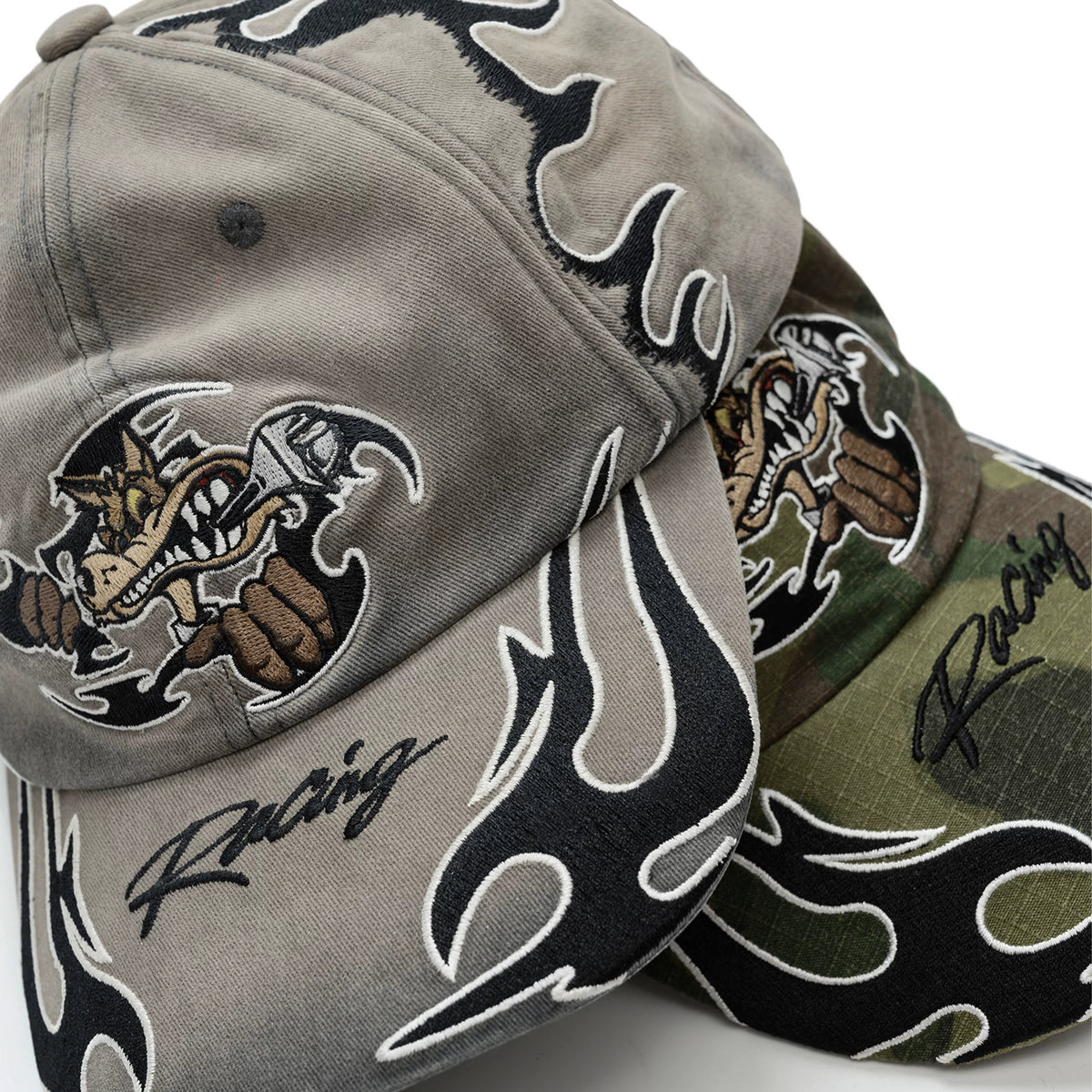 ESOTERIC THING Mechanic Flame Embroidered Baseball Cap - Light Gray and Camo embroidery detail