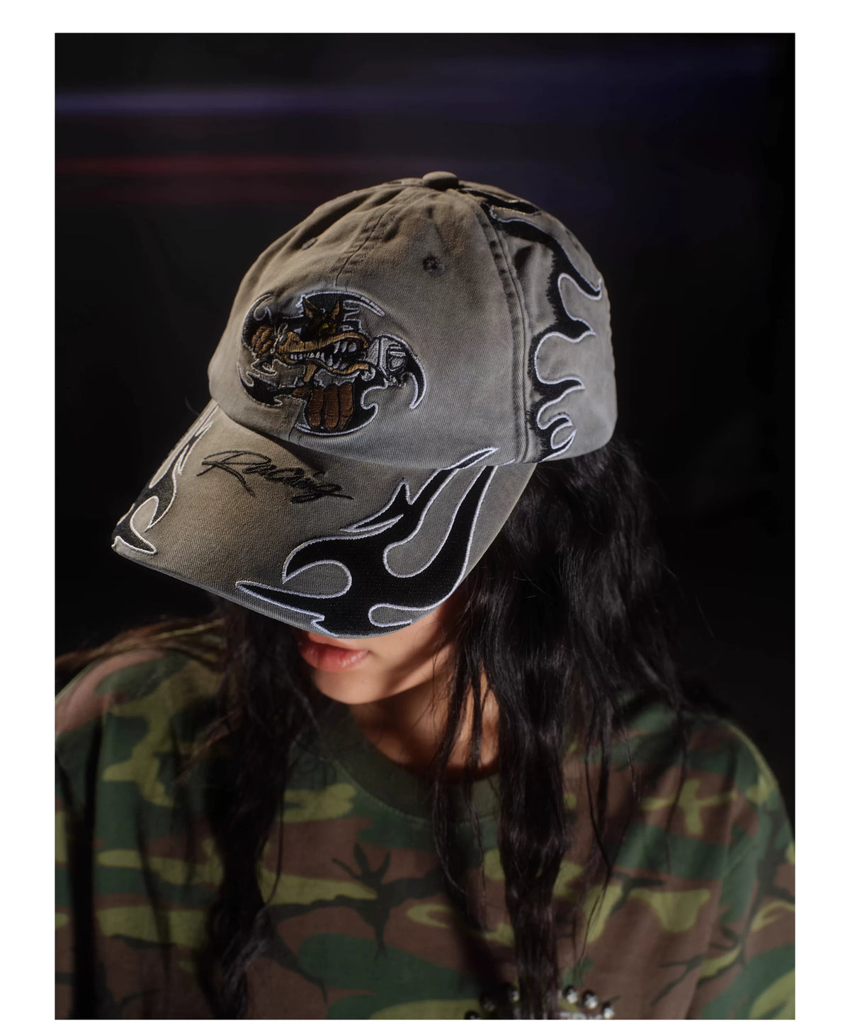 ESOTERIC THING Mechanic Flame Embroidered Baseball Cap - Light Gray worn on model