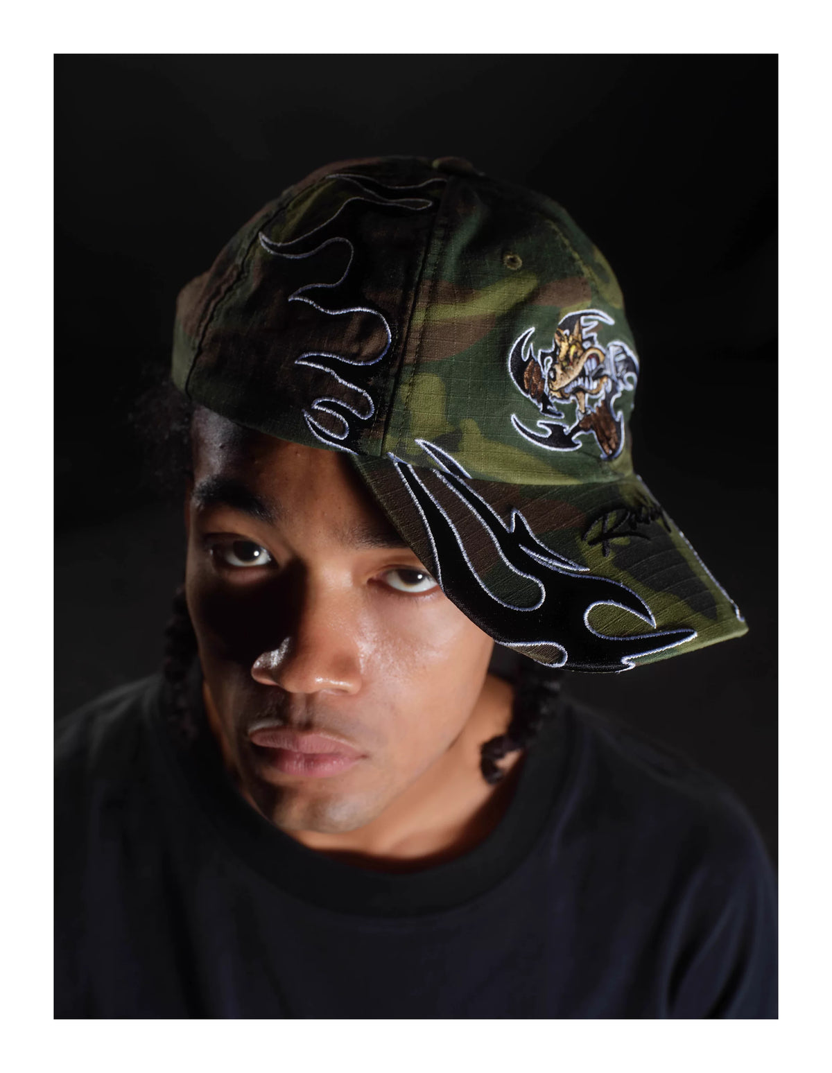 ESOTERIC THING Mechanic Flame Embroidered Baseball Cap - Camo worn on model