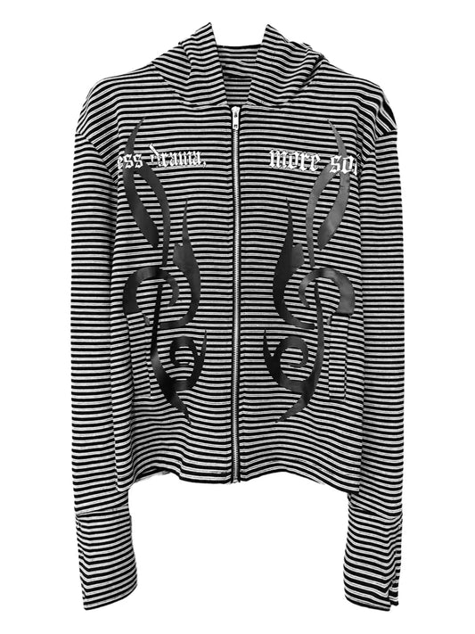 Gothic Music Note Striped Zip-Up Hoodie - Black/White front