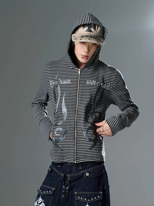 Gothic Music Note Striped Zip-Up Hoodie - model front
