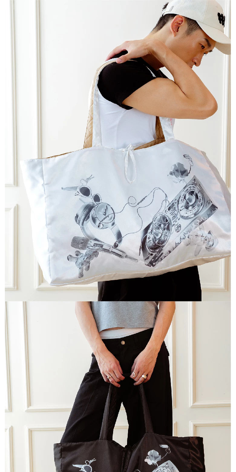 Close view of printed DJ artwork on tote