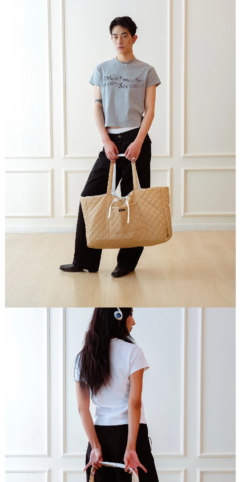 Beige quilted reverse side of white tote