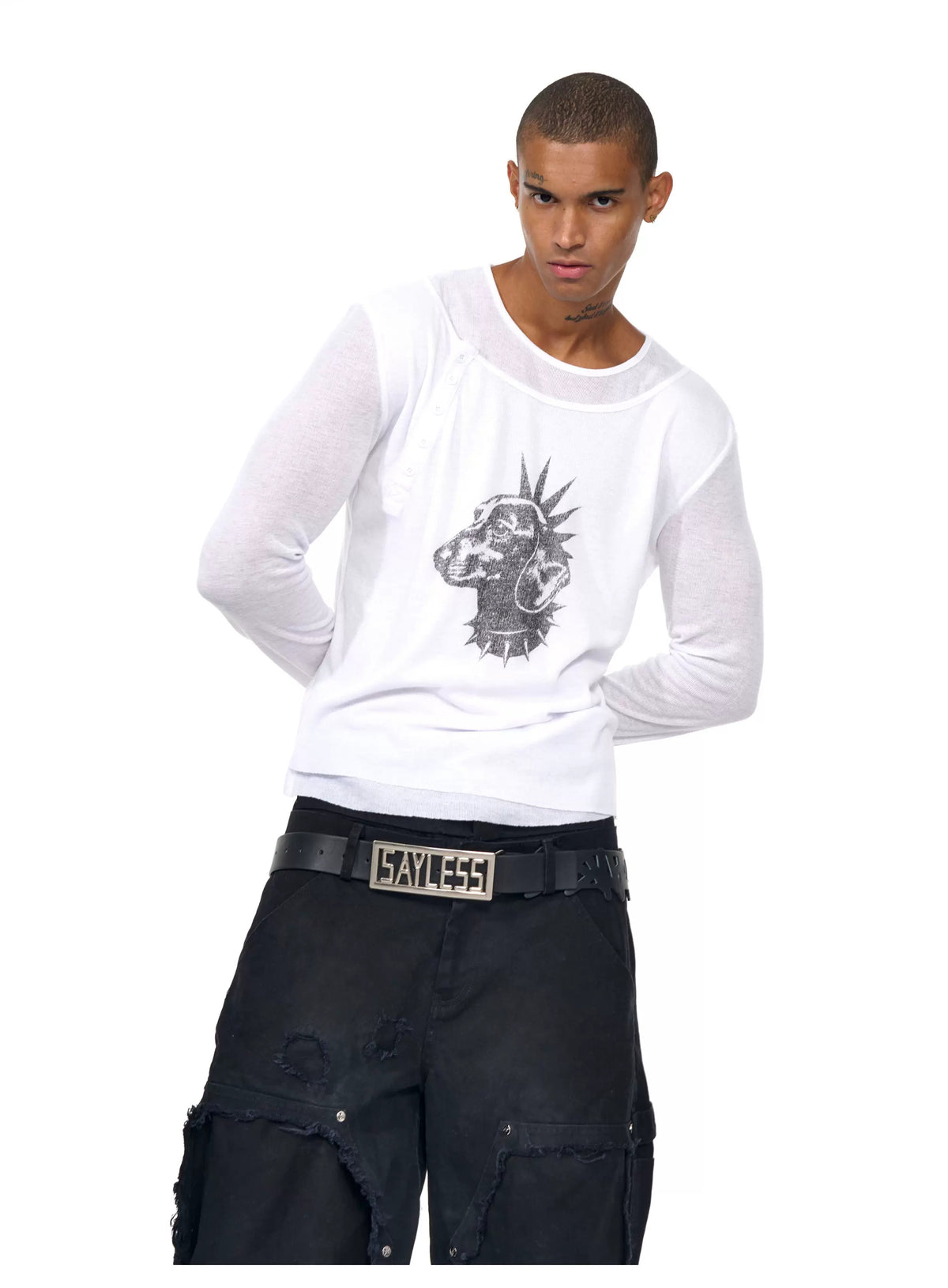 Front view of white dog graphic long-sleeve tee