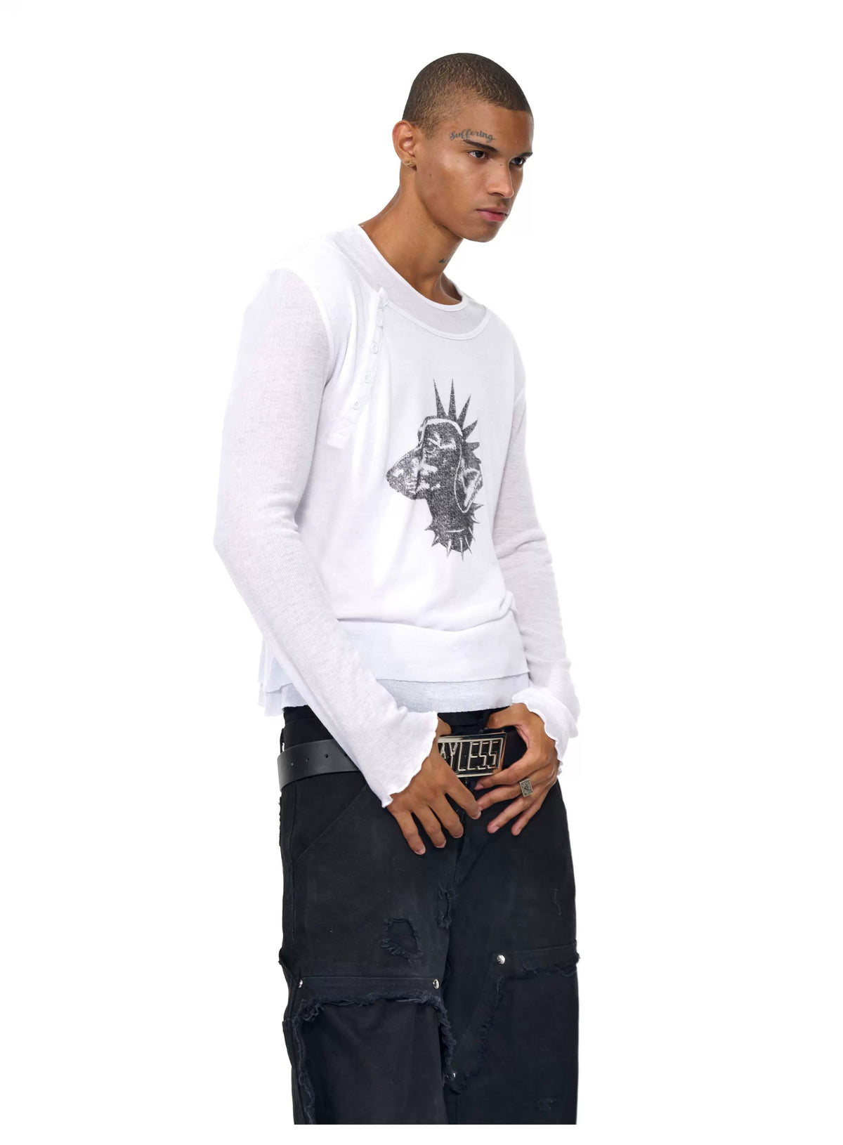 Angled side view of white dog print tee