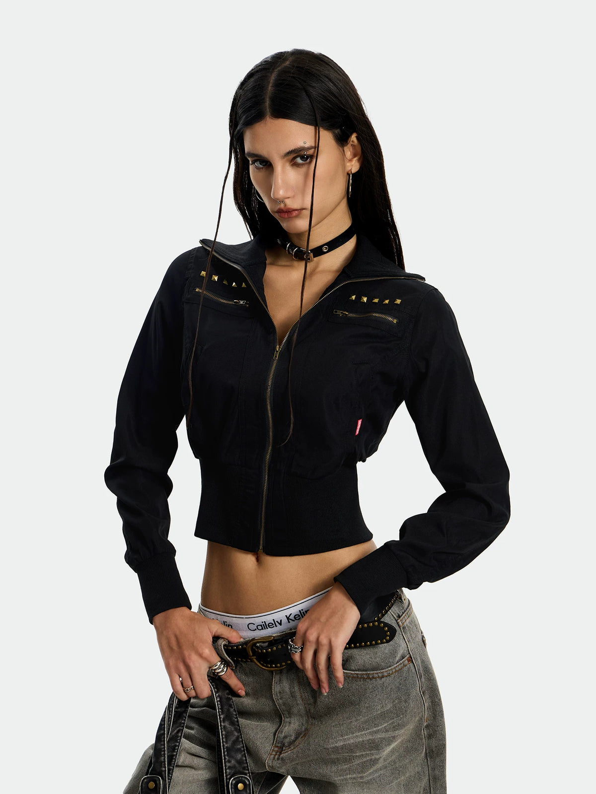 0123Start Studded Camo Cropped Utility Jacket - Black front
