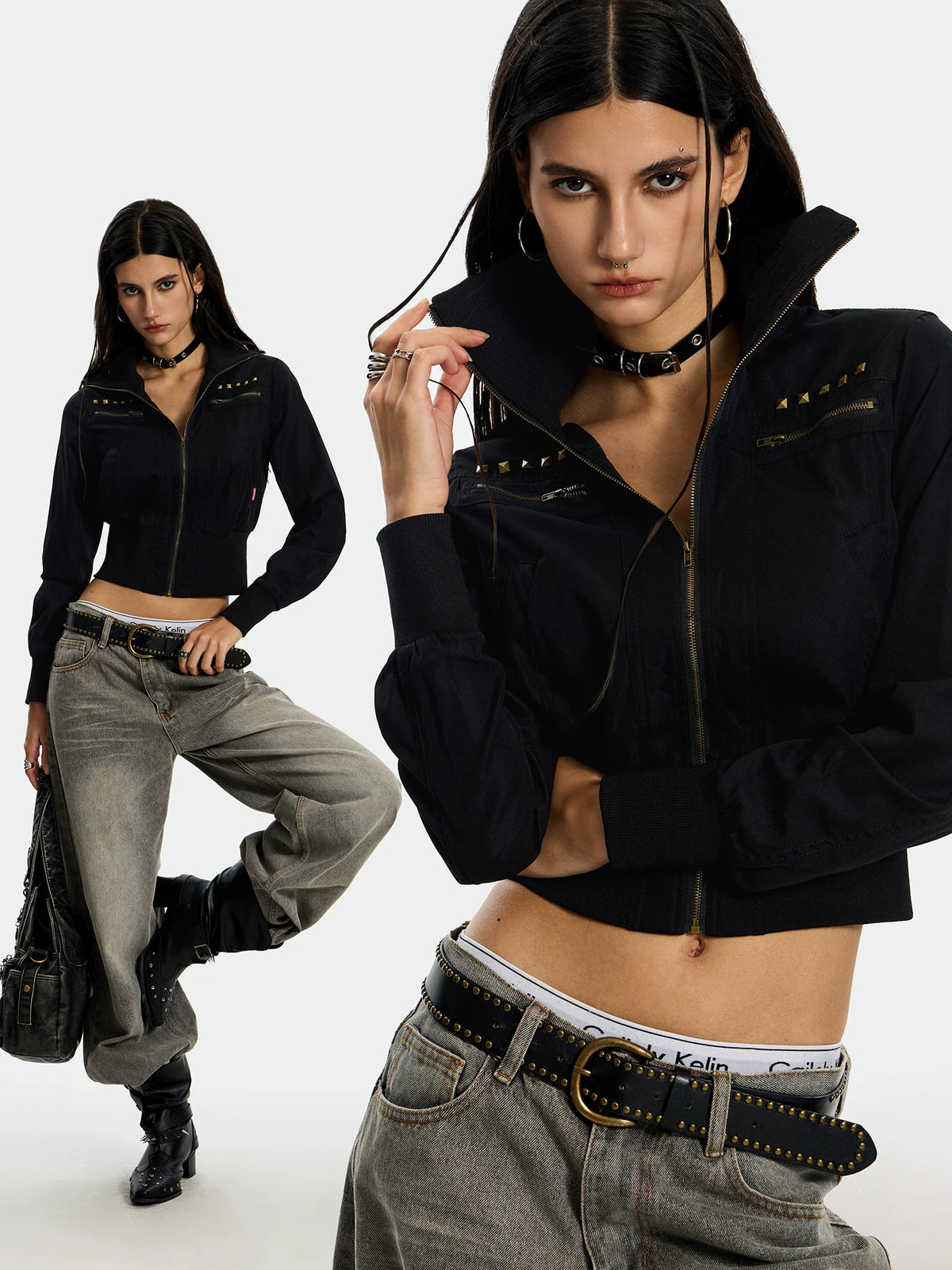0123Start Studded Camo Cropped Utility Jacket - Black outfit