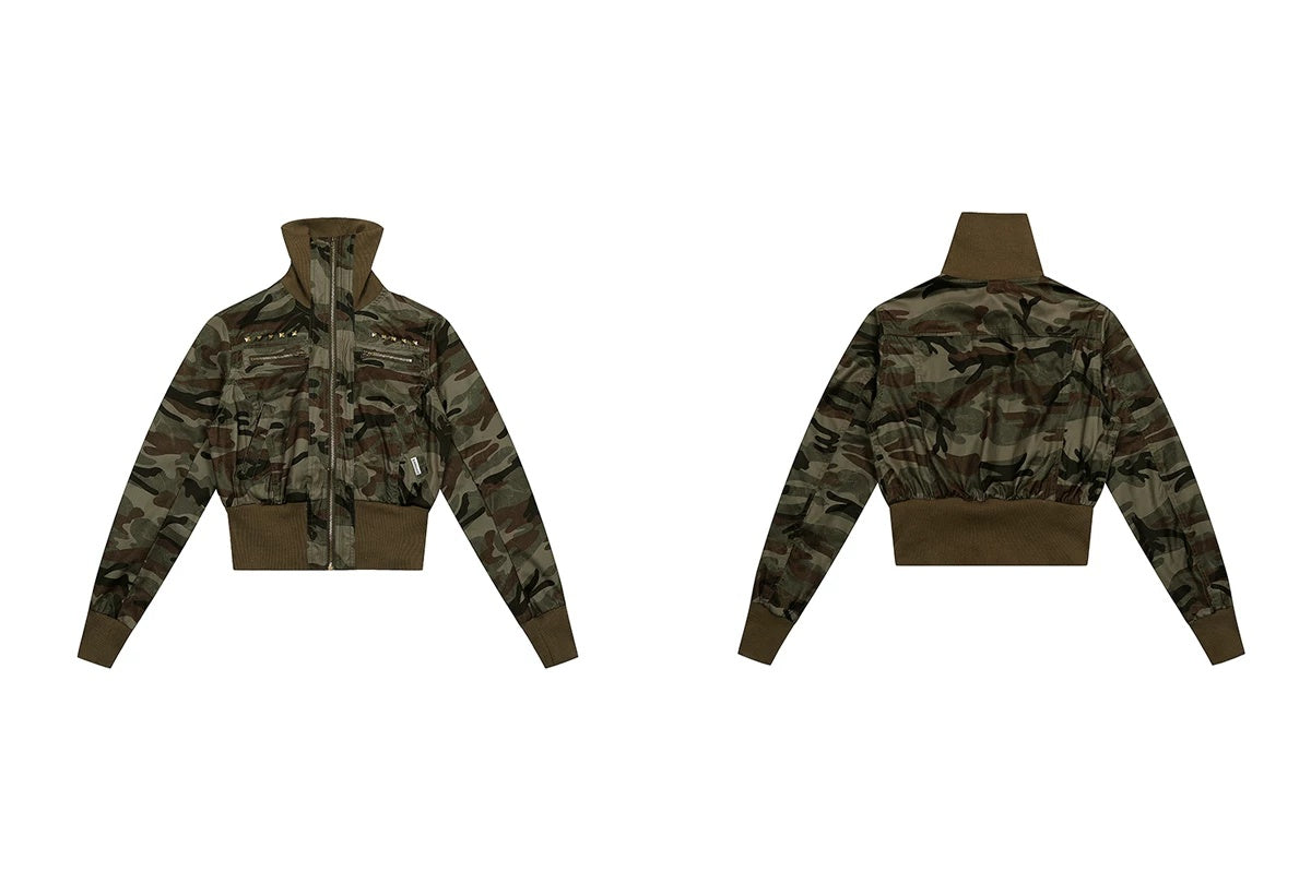 0123Start Studded Camo Cropped Utility Jacket - Camo flat lay front and back