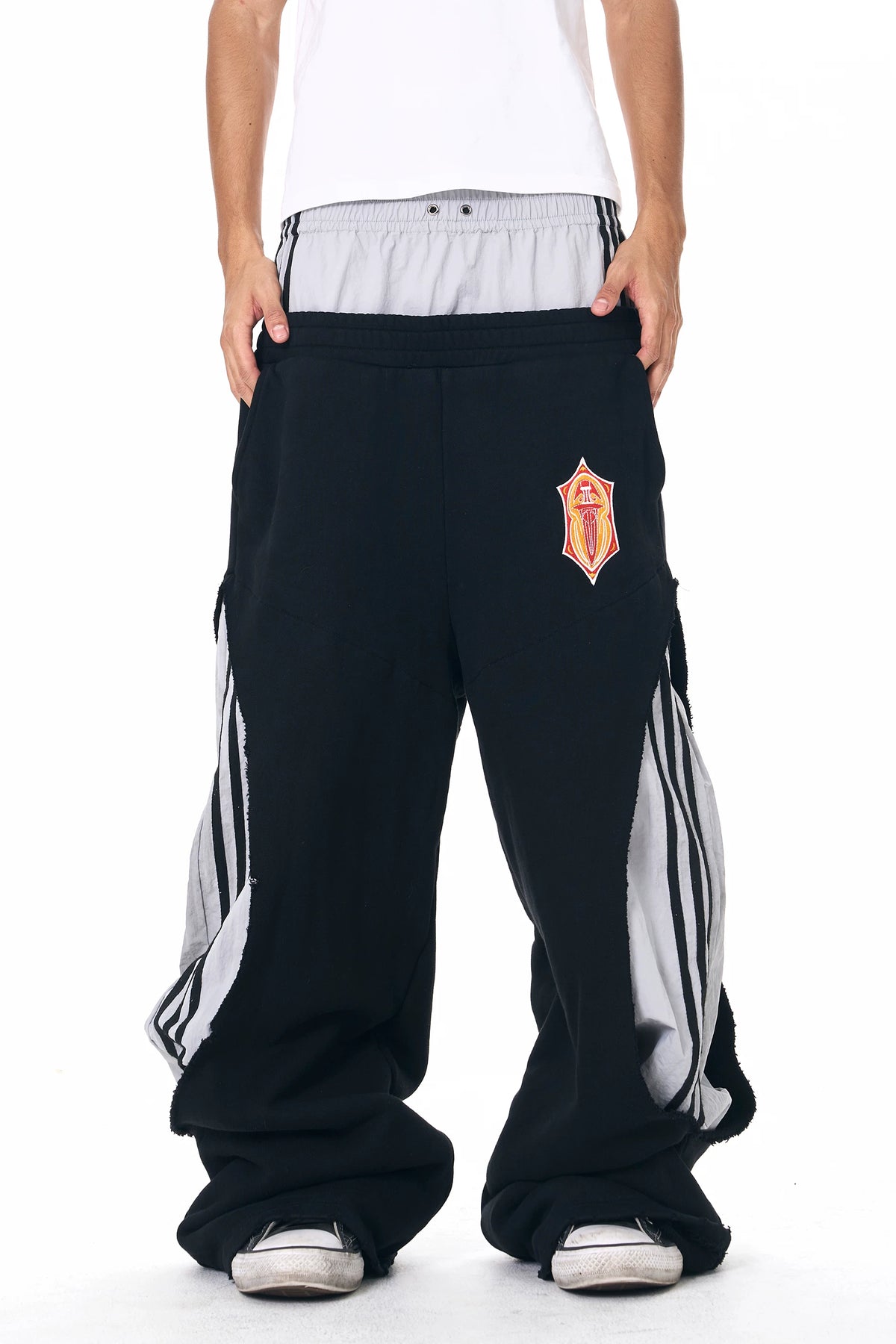 Fourth3ex Double Waistband Striped Wide Leg Sweatpants - Gray front