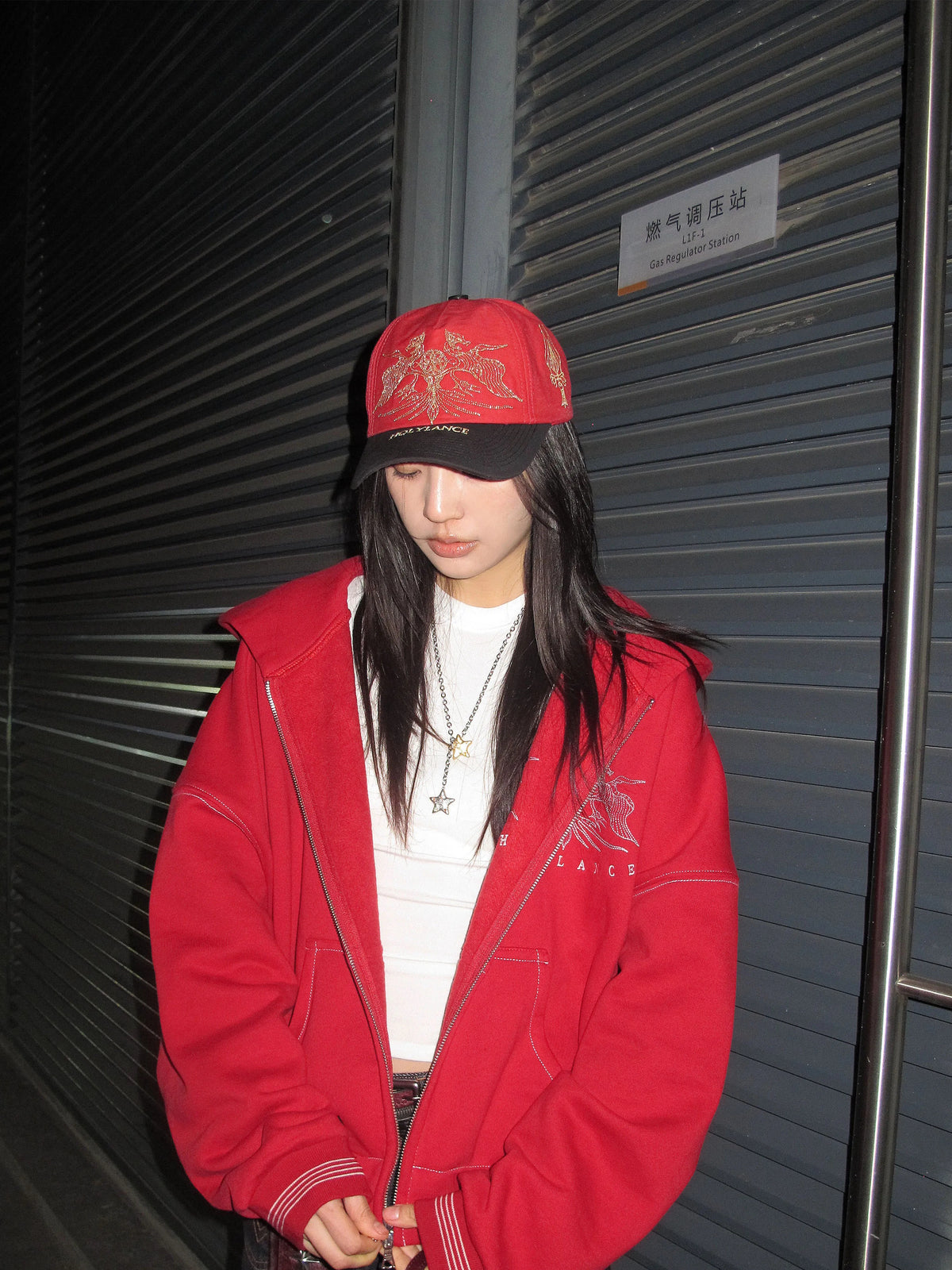 LANCER HOLYLANCE Broken Eagle Embroidered Baseball Cap - Red on model