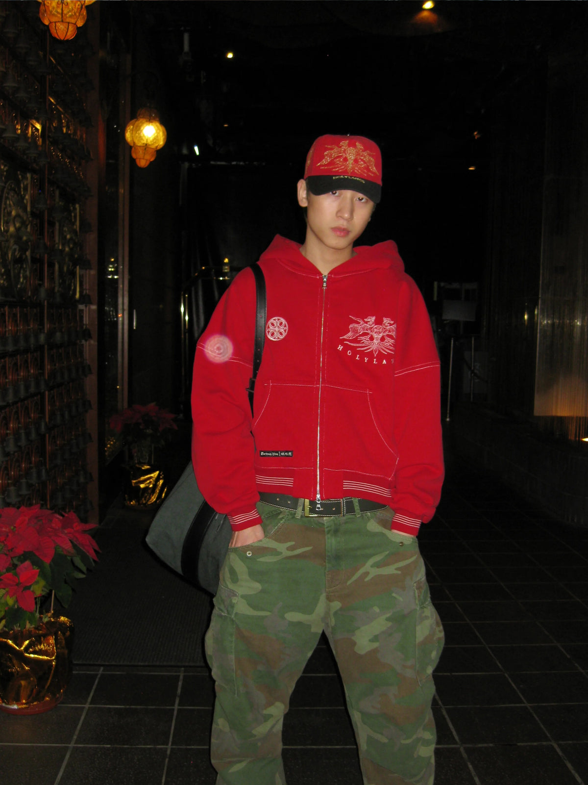 LANCER HOLYLANCE Broken Eagle Embroidered Baseball Cap - Red on model