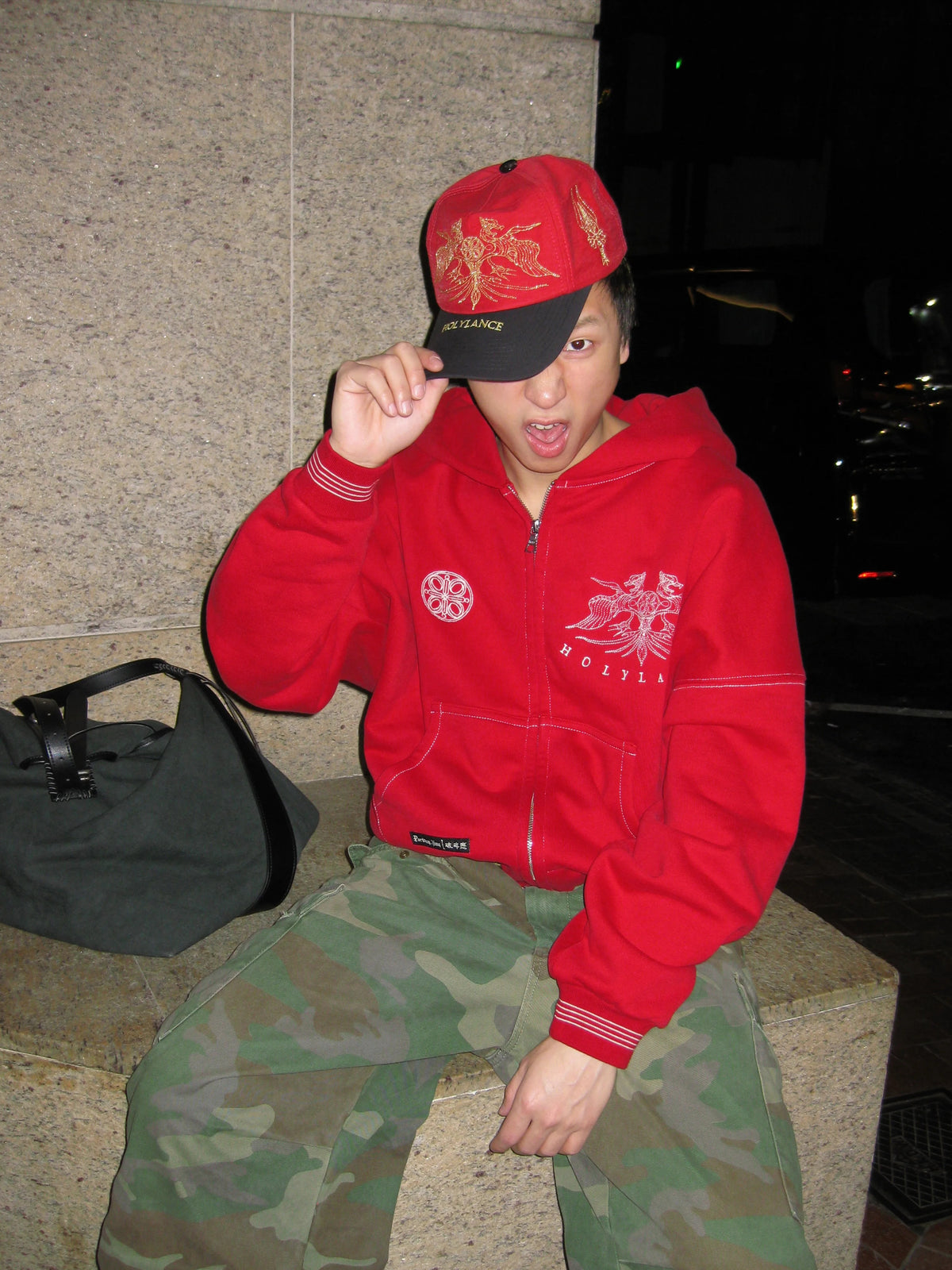 LANCER HOLYLANCE Broken Eagle Embroidered Baseball Cap - Red on model