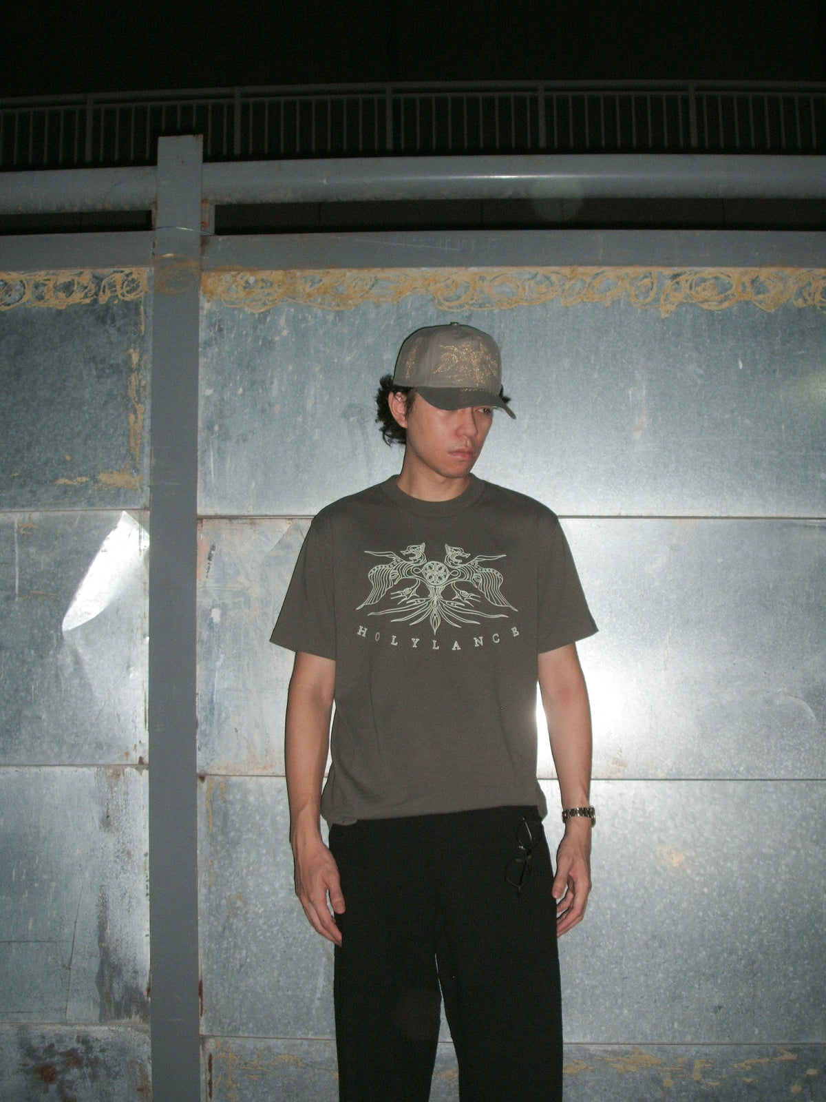 LANCER HOLYLANCE Broken Eagle Embroidered Baseball Cap - Gray on model full look