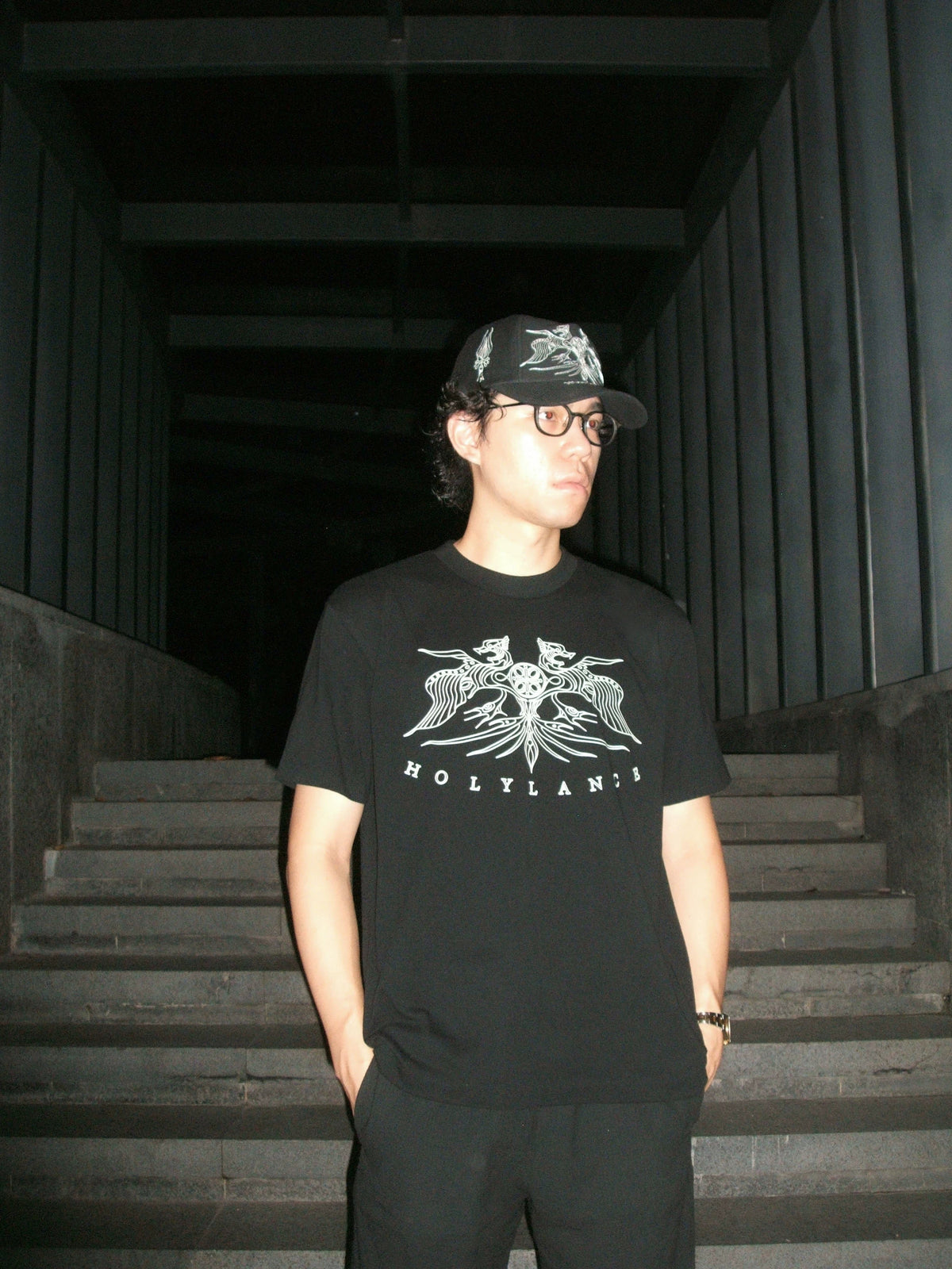 LANCER HOLYLANCE Broken Eagle Embroidered Baseball Cap - Black on model front