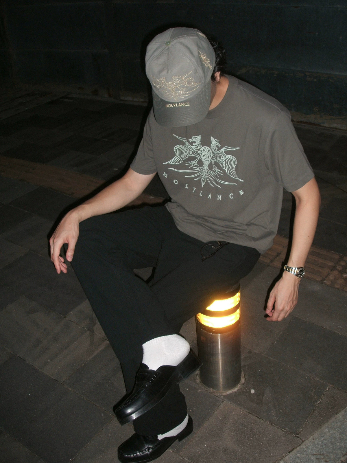LANCER HOLYLANCE Broken Eagle Embroidered Baseball Cap - Gray on model
