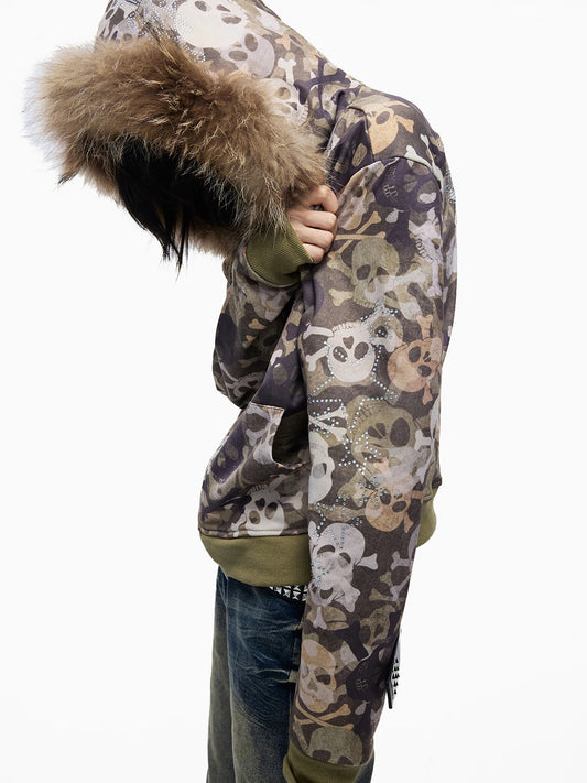 Skull Camo Fur Hood Cropped Zip Jacket - side hood up