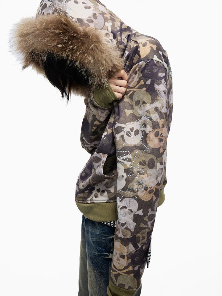 Skull Camo Fur Hood Cropped Zip Jacket - side hood up