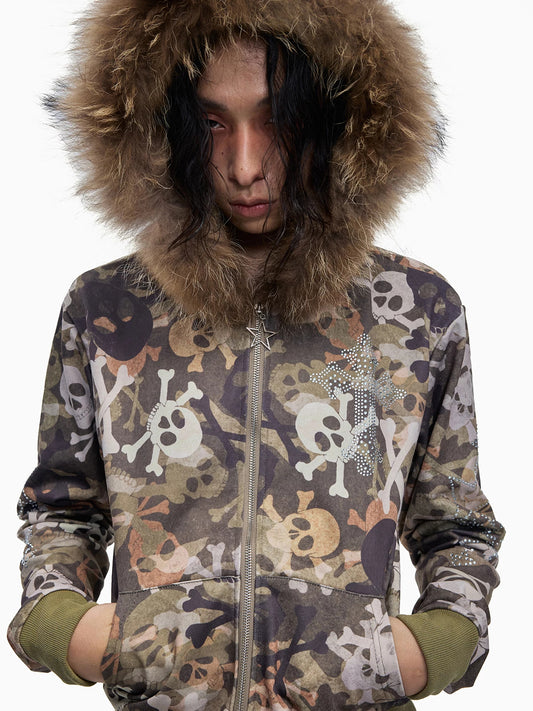 Skull Camo Fur Hood Cropped Zip Jacket - front close-up