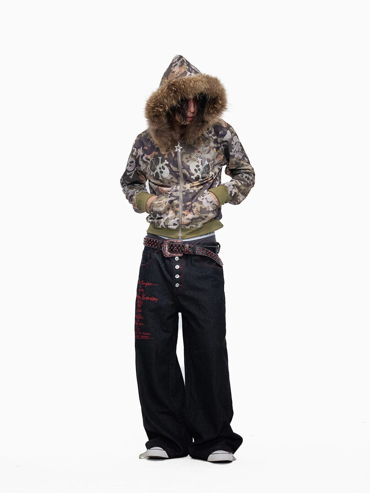 Skull Camo Fur Hood Cropped Zip Jacket - full look front