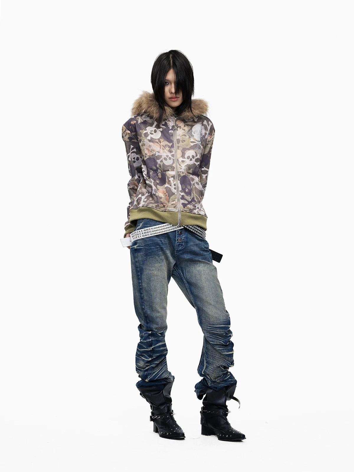 Skull Camo Fur Hood Cropped Zip Jacket - full look styled with jeans