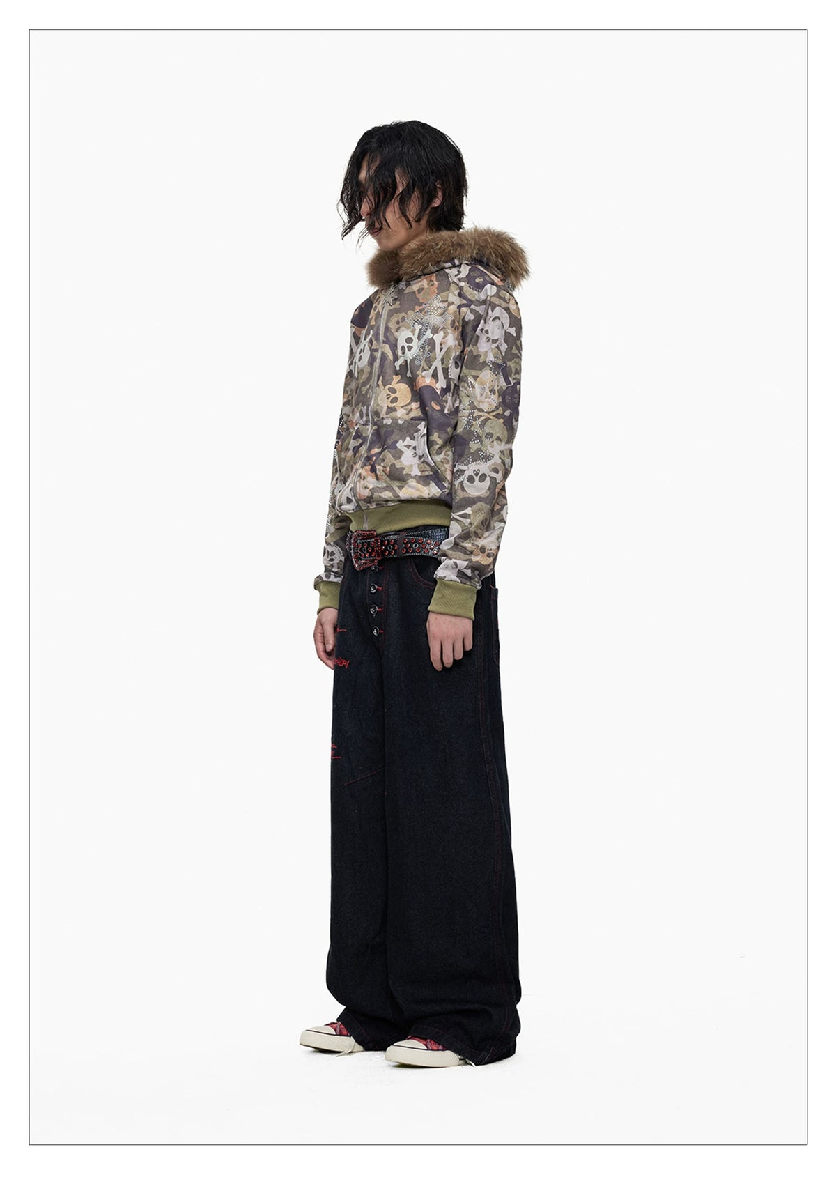 Skull Camo Fur Hood Cropped Zip Jacket - walking full look