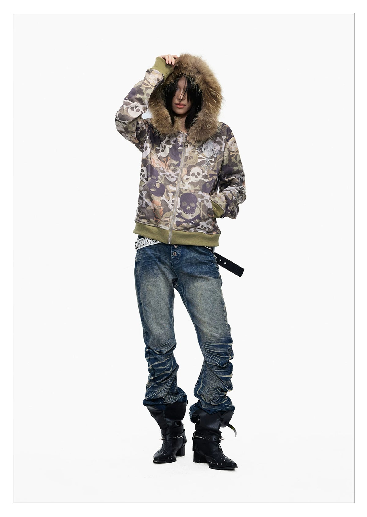 Skull Camo Fur Hood Cropped Zip Jacket - back view