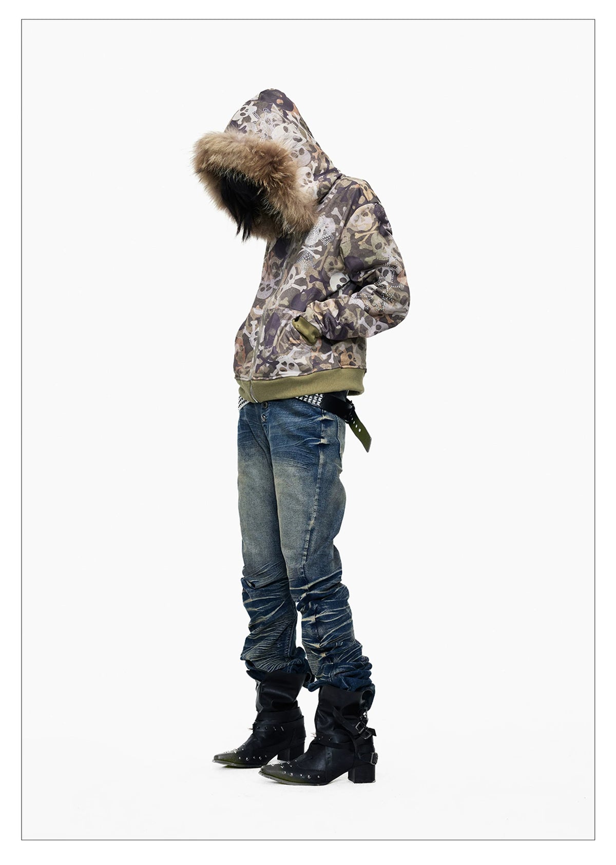 Skull Camo Fur Hood Cropped Zip Jacket - full look hood up