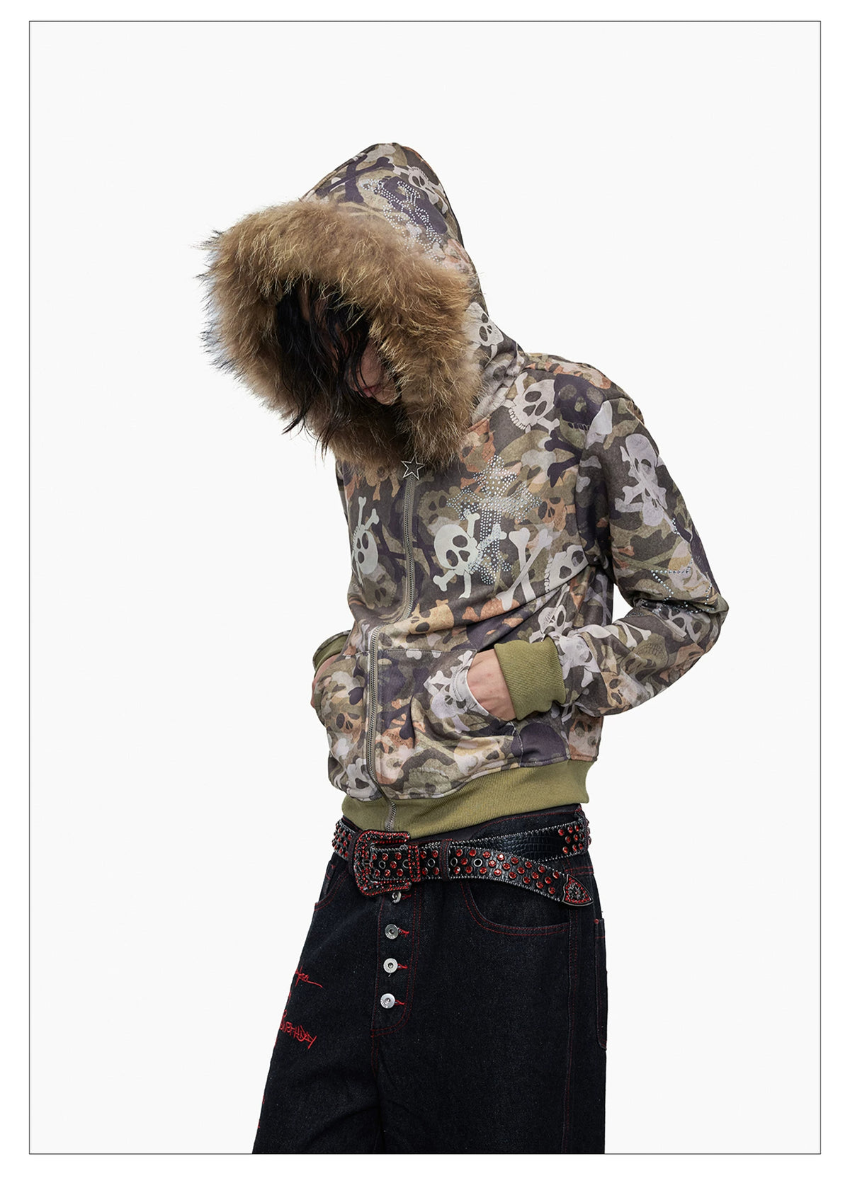 Skull Camo Fur Hood Cropped Zip Jacket - fur hood close-up