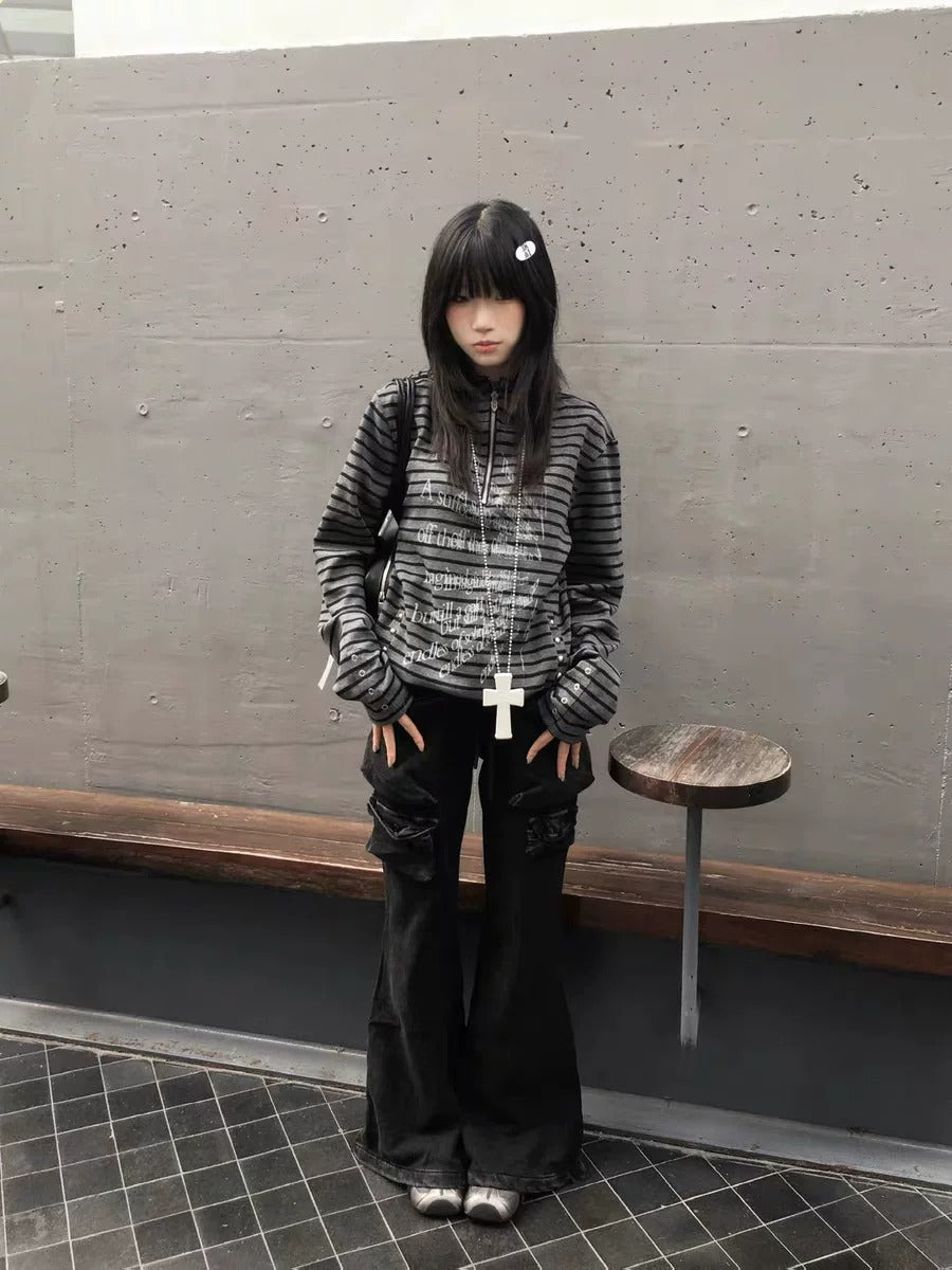 Striped Slogan Print Cropped Half-Zip Hoodie - Black grey stripe full outfit