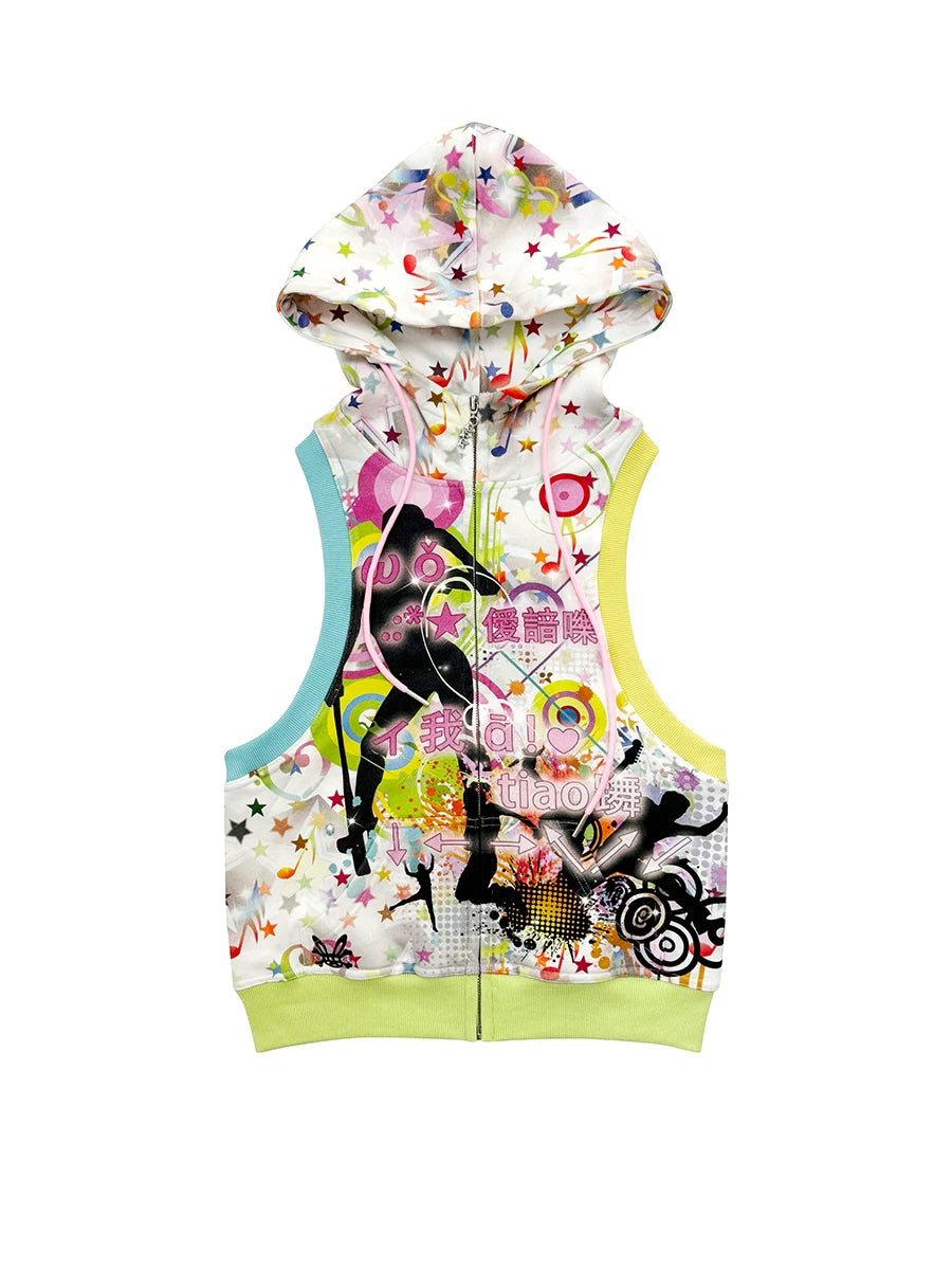 CFIERCE Music Note Print Sleeveless Zip Hoodie - multicolor sleeveless hoodie product front