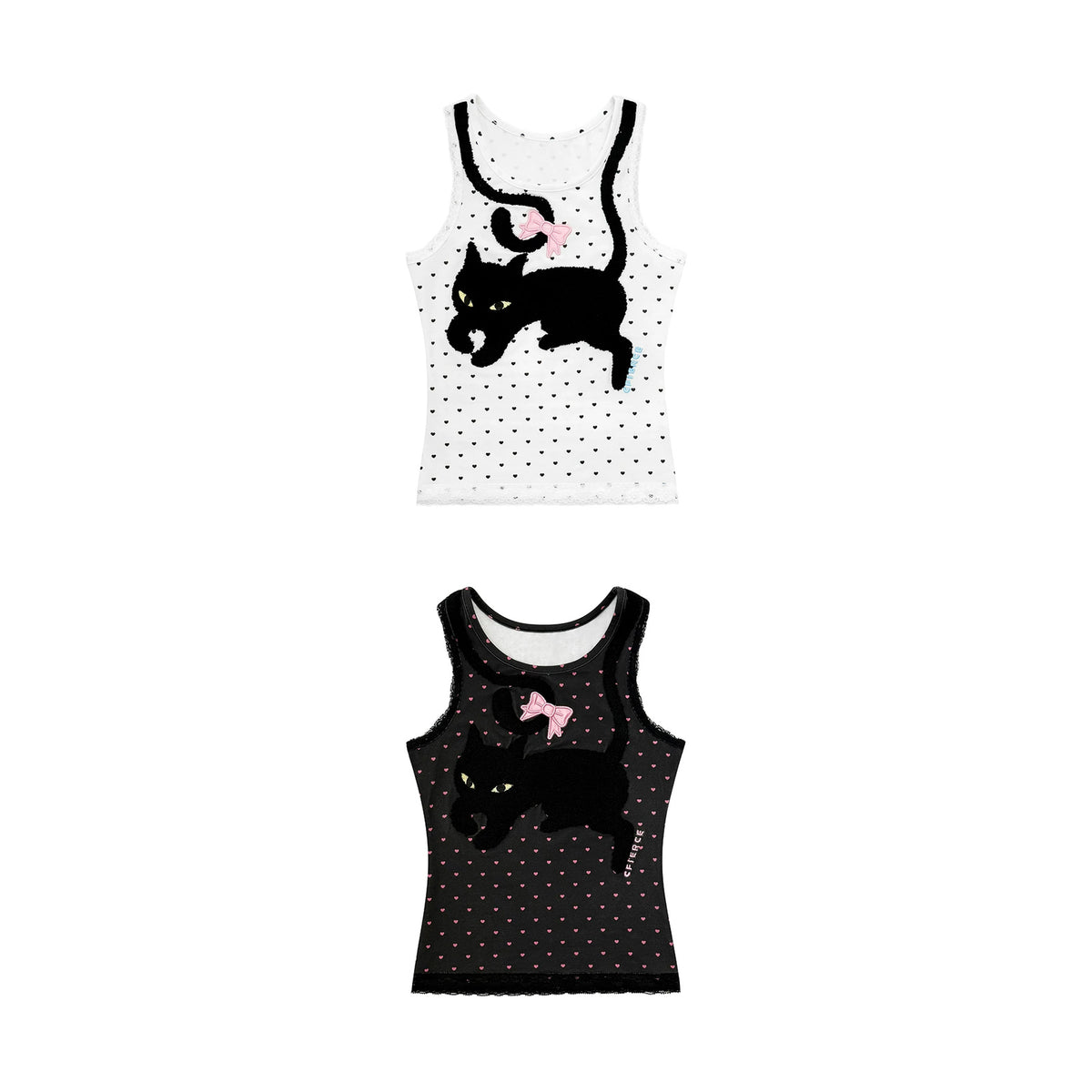 CFIERCE Black Cat Heart-Dot Tank Top - white and black cat heart-dot tank tops front on white
