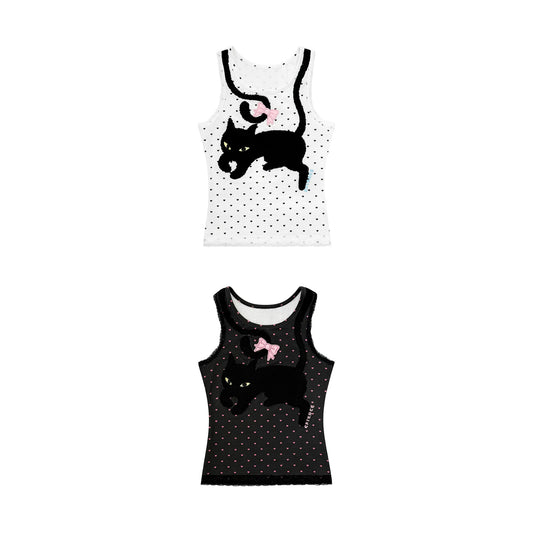 CFIERCE Black Cat Heart-Dot Tank Top - white and black cat heart-dot tank tops front on white