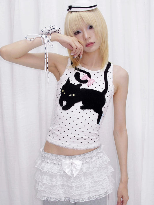 CFIERCE Black Cat Heart-Dot Tank Top - white heart-dot cat tank worn front