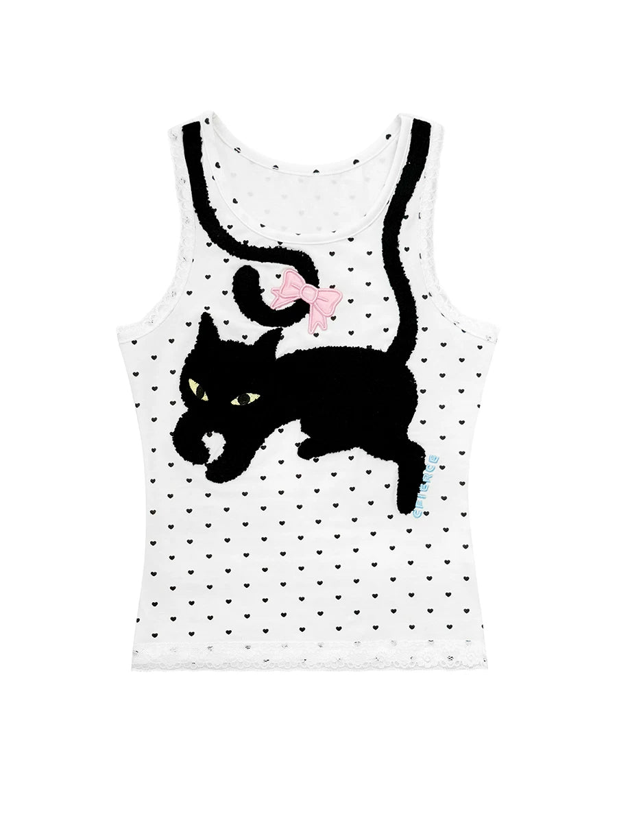 CFIERCE Black Cat Heart-Dot Tank Top - white heart-dot cat tank product front
