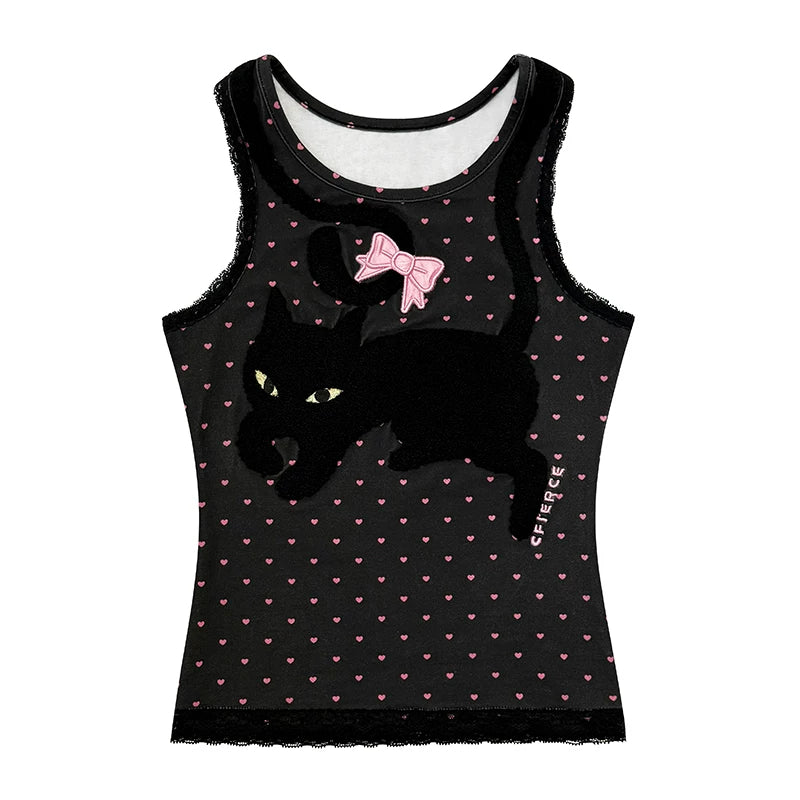 CFIERCE Black Cat Heart-Dot Tank Top - black heart-dot cat tank product front