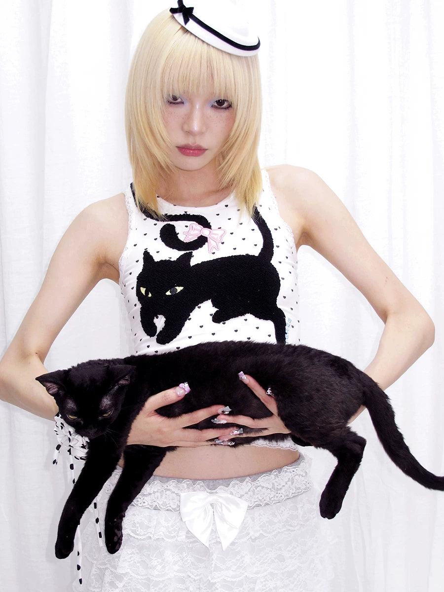CFIERCE Black Cat Heart-Dot Tank Top - white cat tank styled with live cat