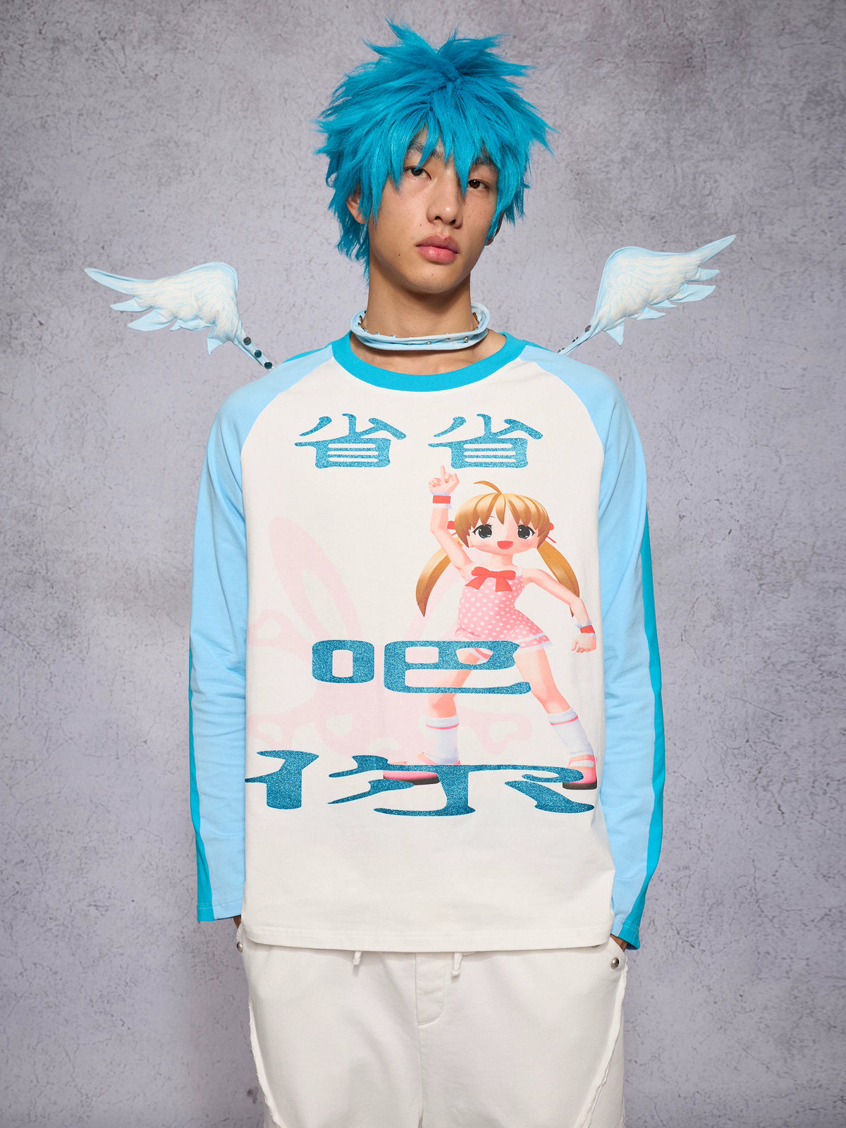 CFIERCE Starlight Angel Wing Choker - blue wing choker worn by model, front