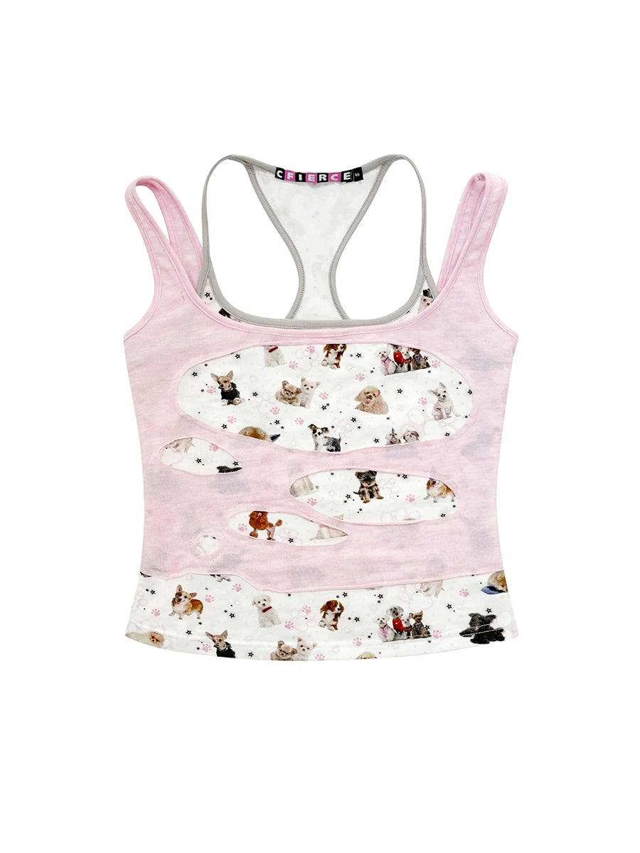 CFIERCE Puppy Print Mock-Layered Cami Top - pink puppy print cami product front